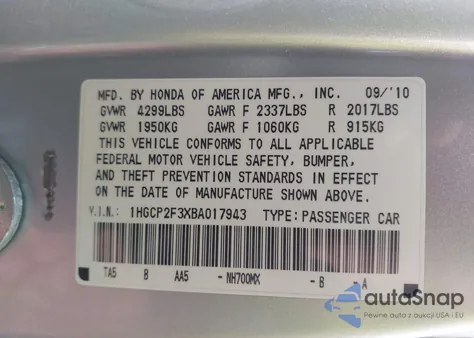 2011 Honda Accord 2.4 Lx z USA, uszkodzony, nr VIN 1HGCP2F3XBA017943